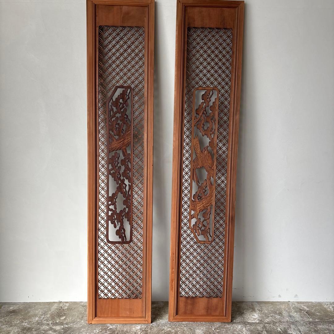 古い彫刻欄間　七宝組子　松　鷹　らんま　格子　手彫　木彫　木彫り　白木　当時物1