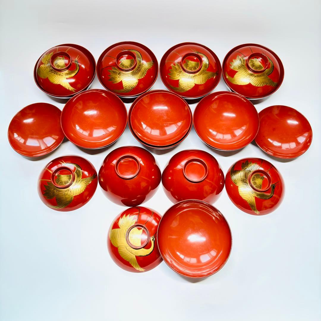 漆器輪島塗　蒔絵金彩細工鶴文　木製　蓋付椀　お煮物椀　吸物椀　10客　骨董品