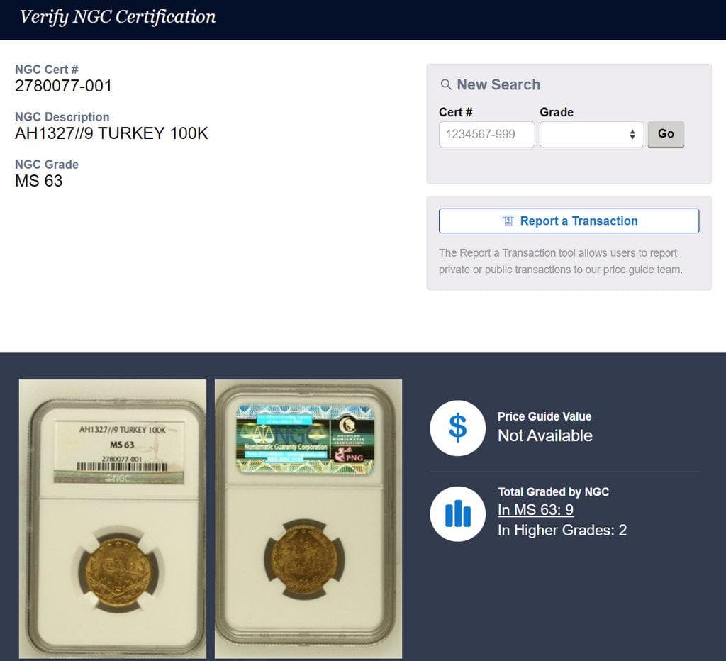 AH1327//9 オスマン・トルコ帝国 100クルシュ 金貨 NGC MS63