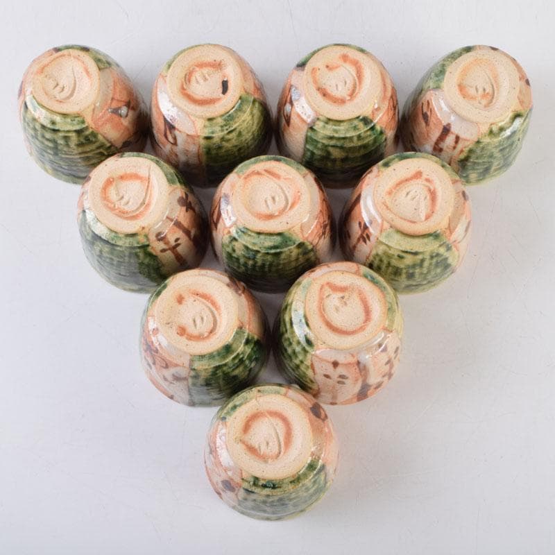 マサオ 煎茶道具　織部焼　煎茶碗　十客　陶印あり　時代箱　V　9069