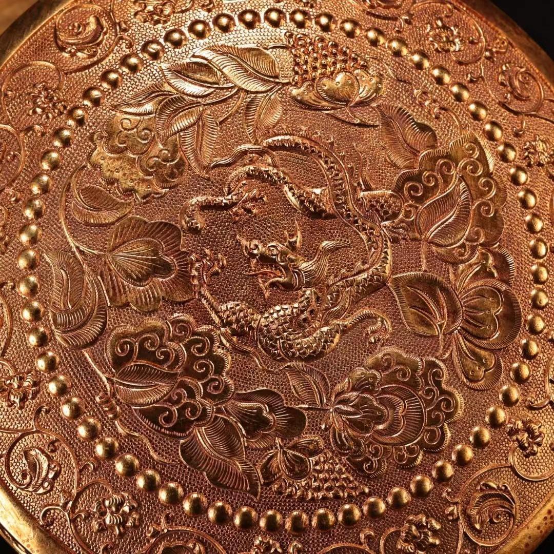 中国古美術・旧藏紫銅鎏金龍の首飾箱・細密彫・純手作り・高浮彫・文房・置物・茶道具
