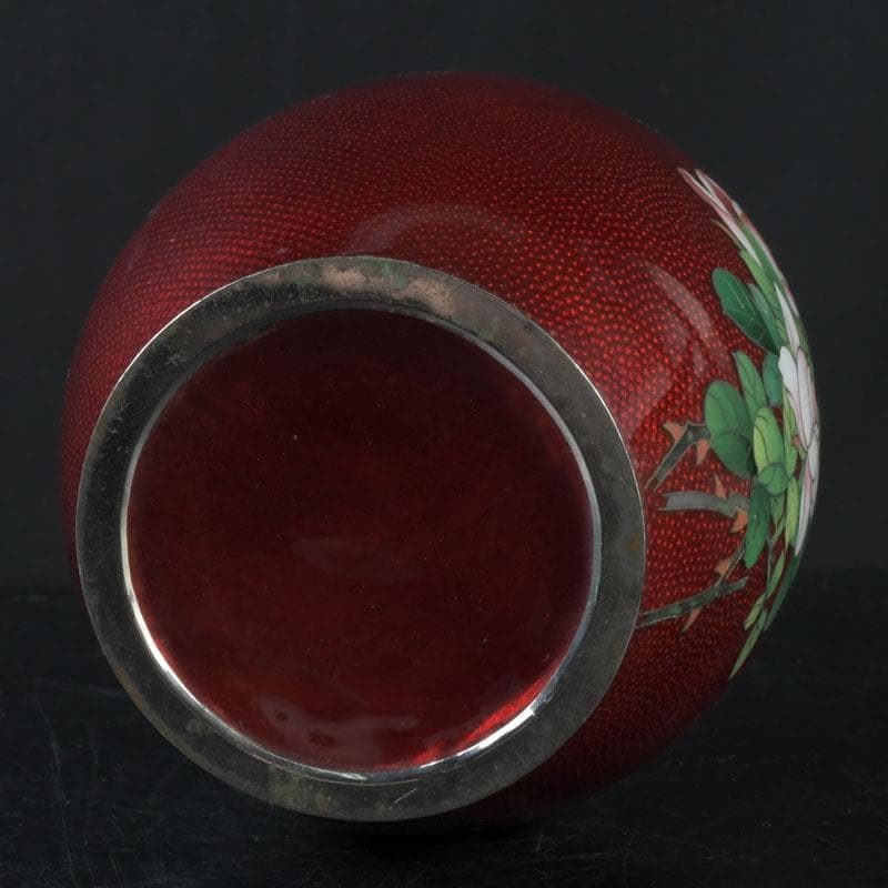 七宝焼　赤透釉　花文　花瓶　V　9604