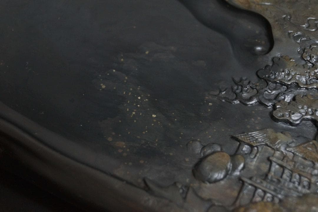 書道硯 歙州硯 金星硯 細工浮き彫り『山水風景文』大型硯 すずり 共箱 文房四宝