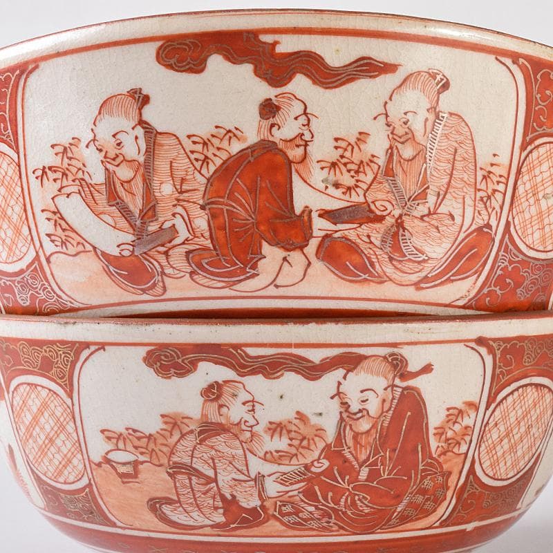 九谷焼　古九谷　赤絵金彩　窓絵　人物花鳥文　三ッ組鉢　時代箱付　U　R8370