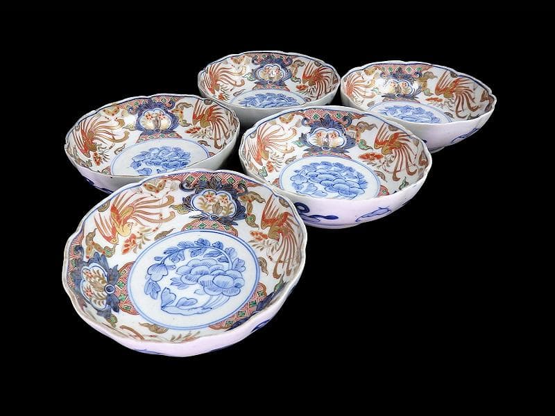 古伊万里　色絵　鳳凰に牡丹の図　膾皿　５客　C380AS-CZf