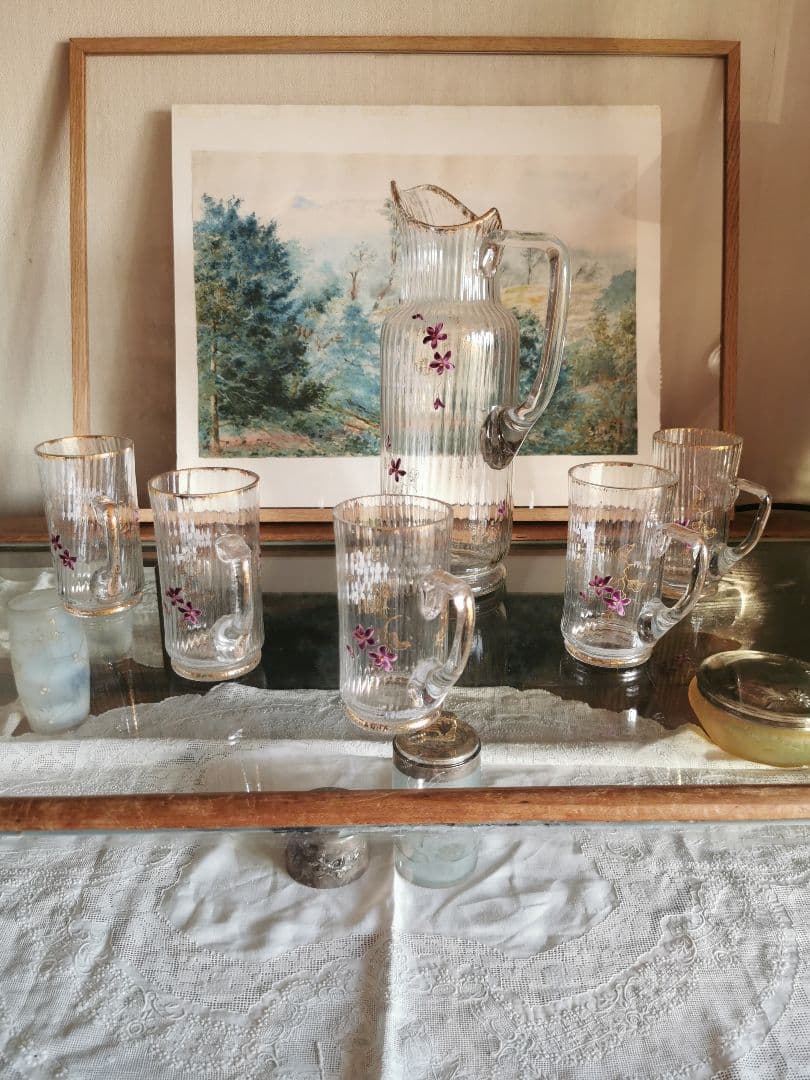 アンティーク 菫エナメル金彩 トールキャラフ＆グラス５客セット ドーム初期ガレ風