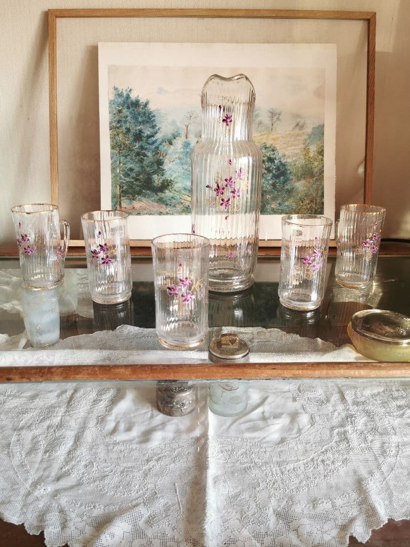 アンティーク 菫エナメル金彩 トールキャラフ＆グラス５客セット ドーム初期ガレ風