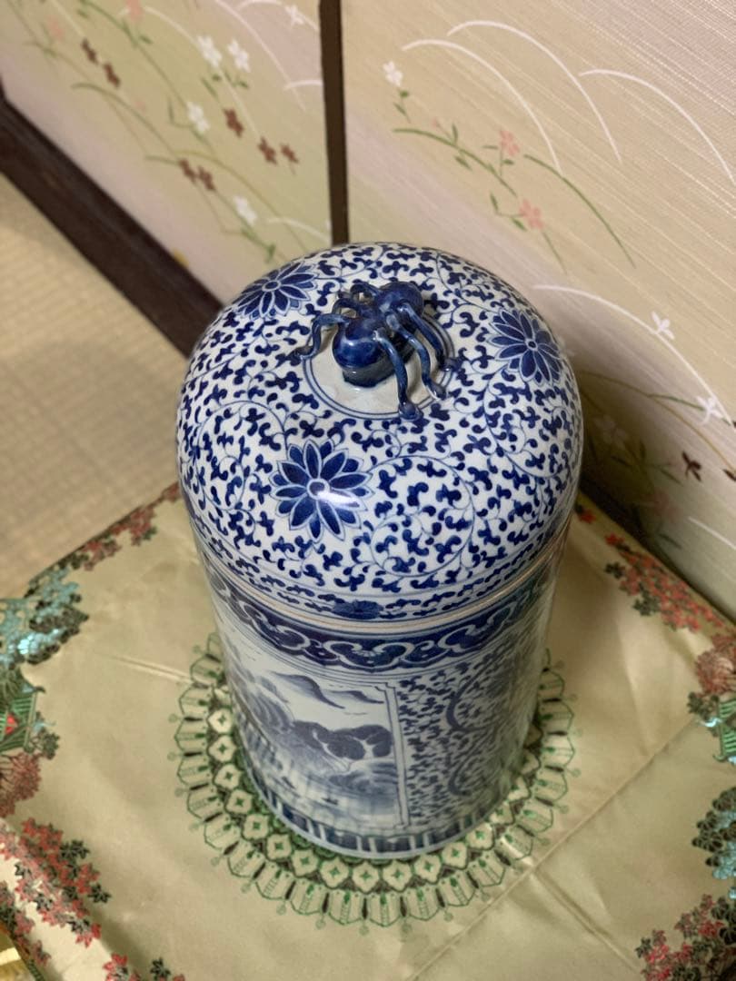 シノワズリ　ビンテージ　染付 青花　在銘　山水大壷　花瓶　大甕　オリジナル蓋付き