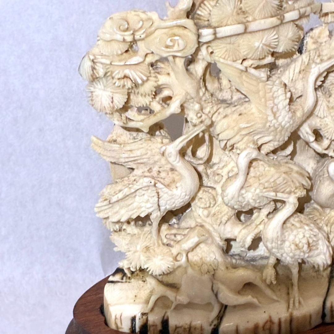 マンモス牙彫刻　細密彫刻鶴