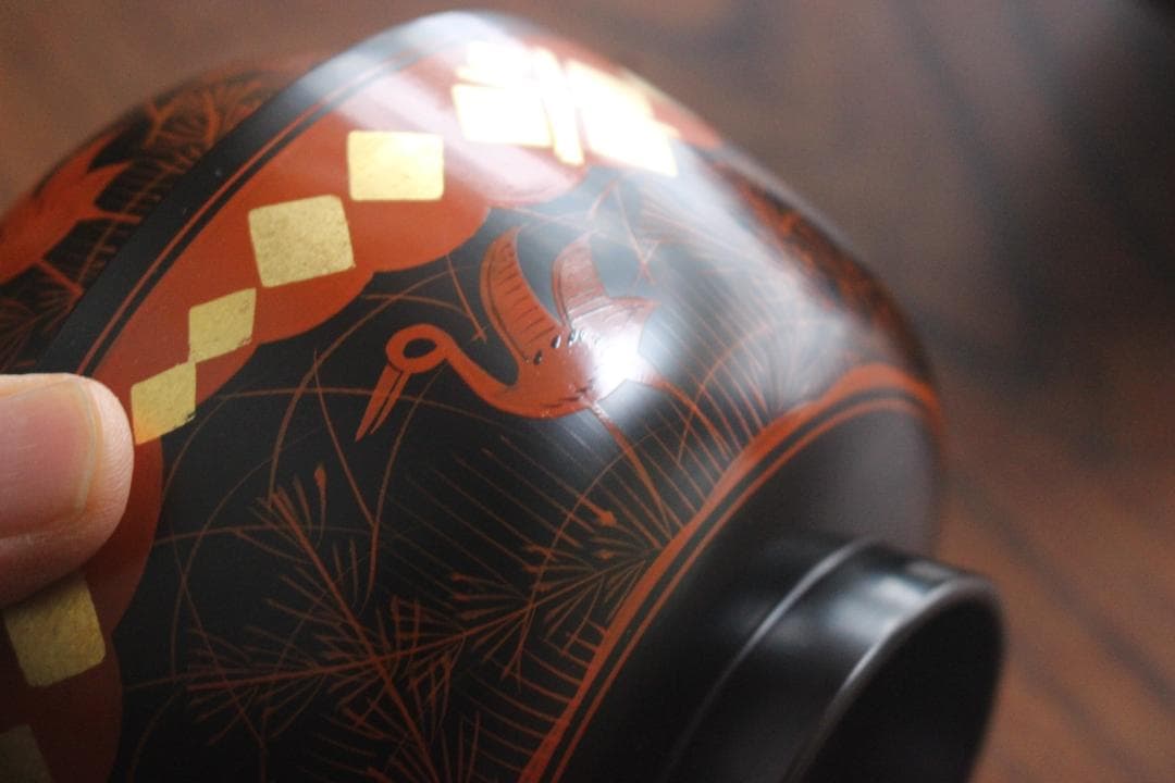 デッドストック！上質黒漆に極上秀衡蒔絵の映えるお椀2点（検山中塗