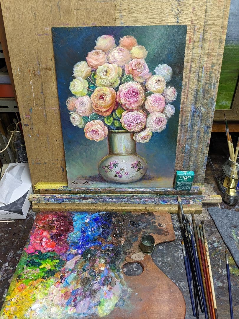 画家haru☆油彩画p8号☆薔薇☆真作☆原画★一点物★静物画★