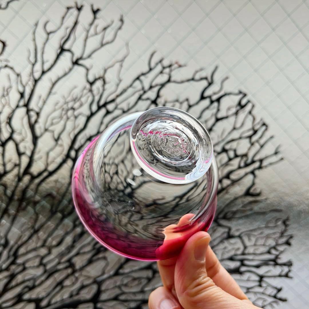 骨董　時代ガラス　金赤フチ　希少　桃色リップ　反り口　碗型　豆鉢　小鉢　氷鉢１客