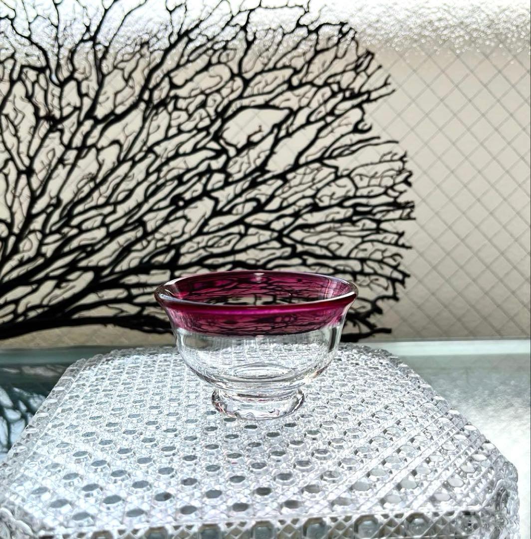 骨董　時代ガラス　金赤フチ　希少　桃色リップ　反り口　碗型　豆鉢　小鉢　氷鉢１客