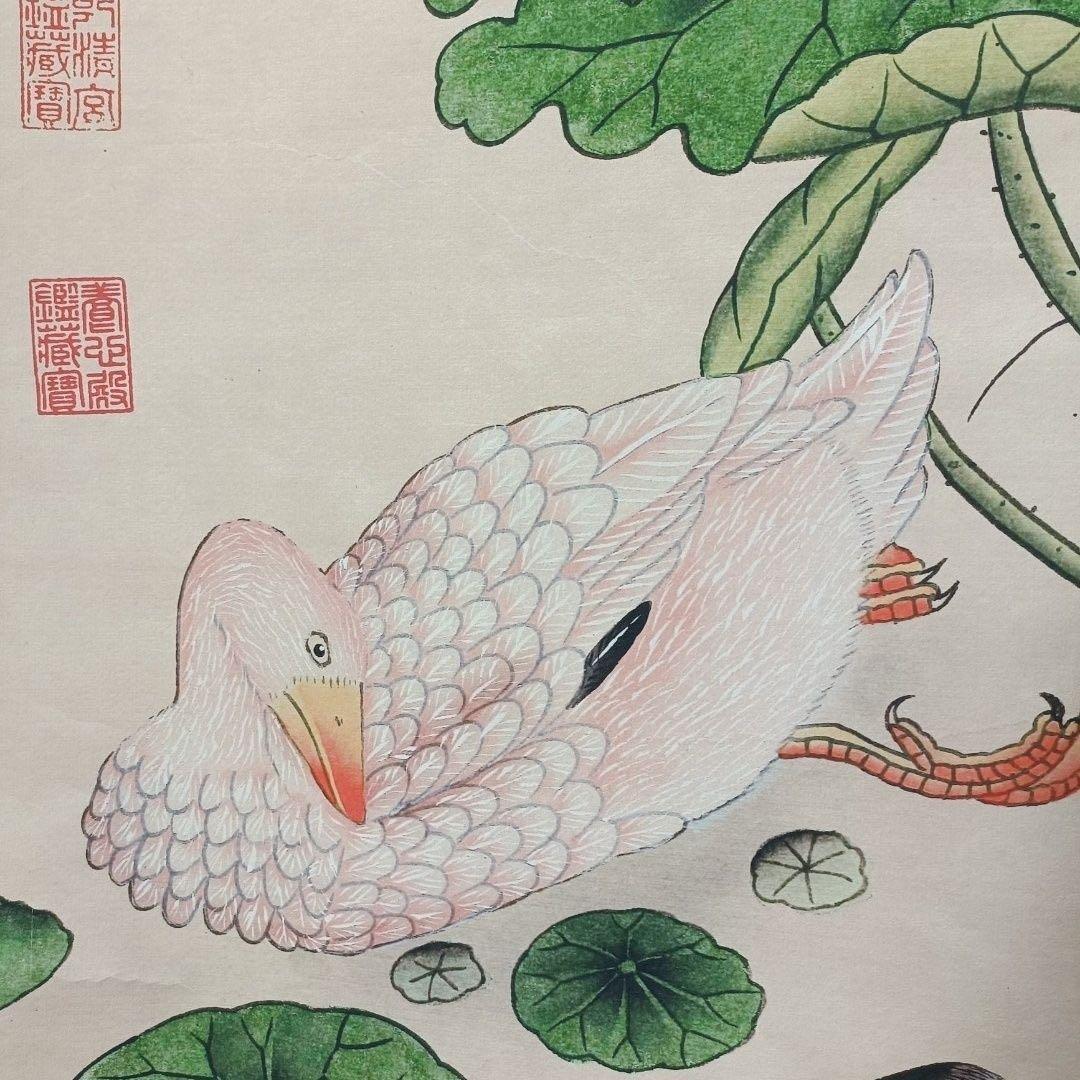 中国画 掛け軸 唐寅《荷塘雅趣》 中堂 証書付き／防伪 花鳥画インテリア