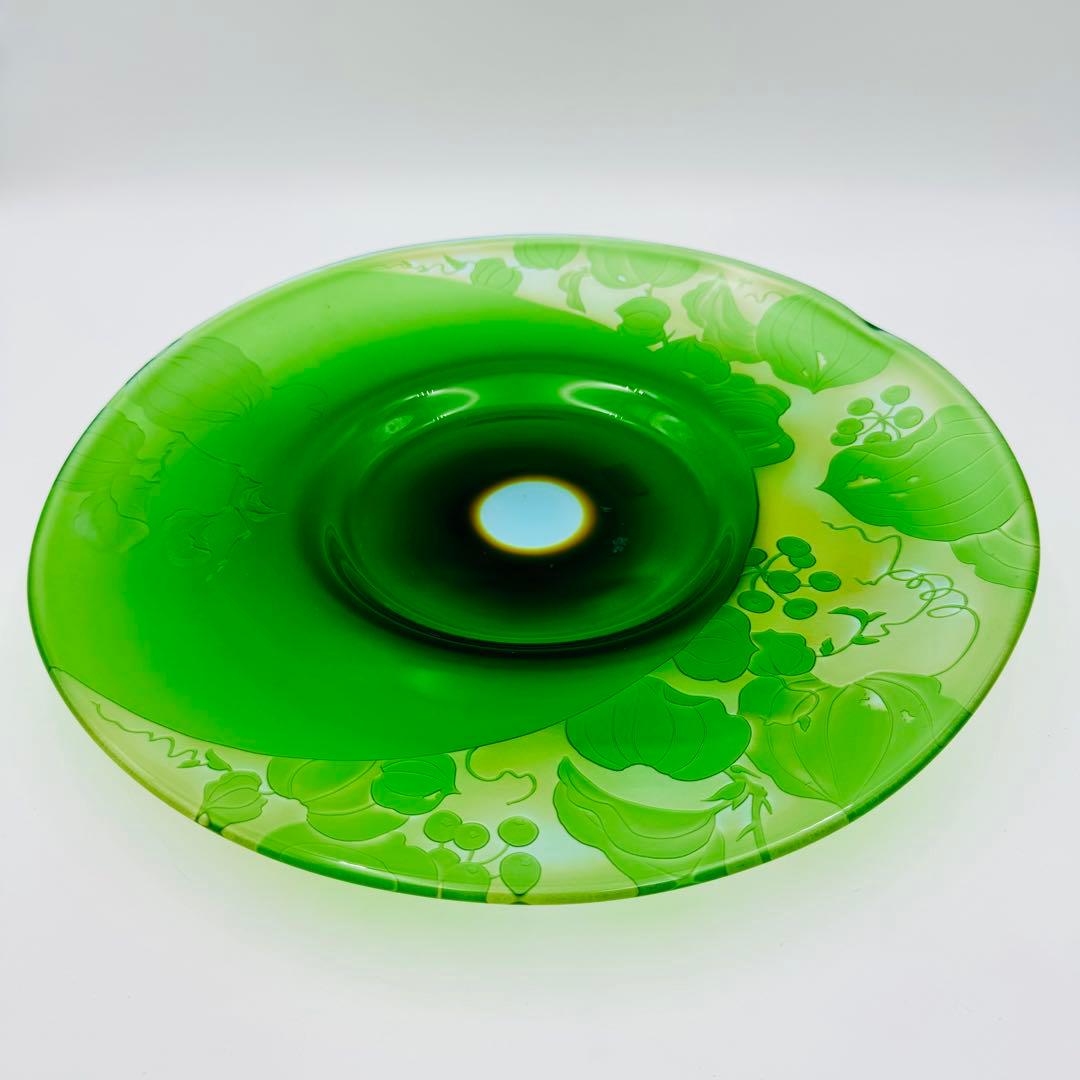 【硝子工芸　山田美彌子　月の宵　大皿　共箱】インテリア　グリーンガラス