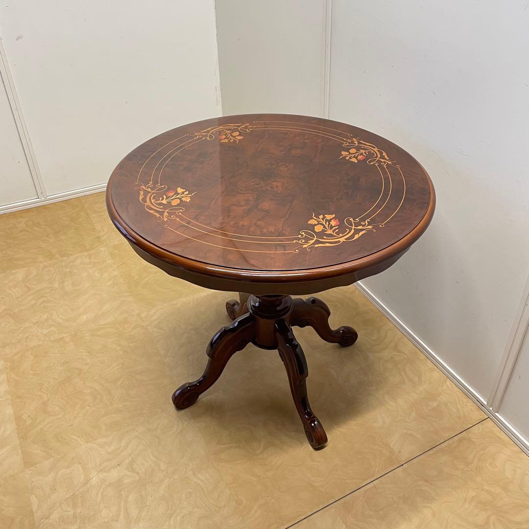 イタリア 丸テーブル 猫脚 象嵌 彫刻 ダイニングテーブル 円形 アンティーク