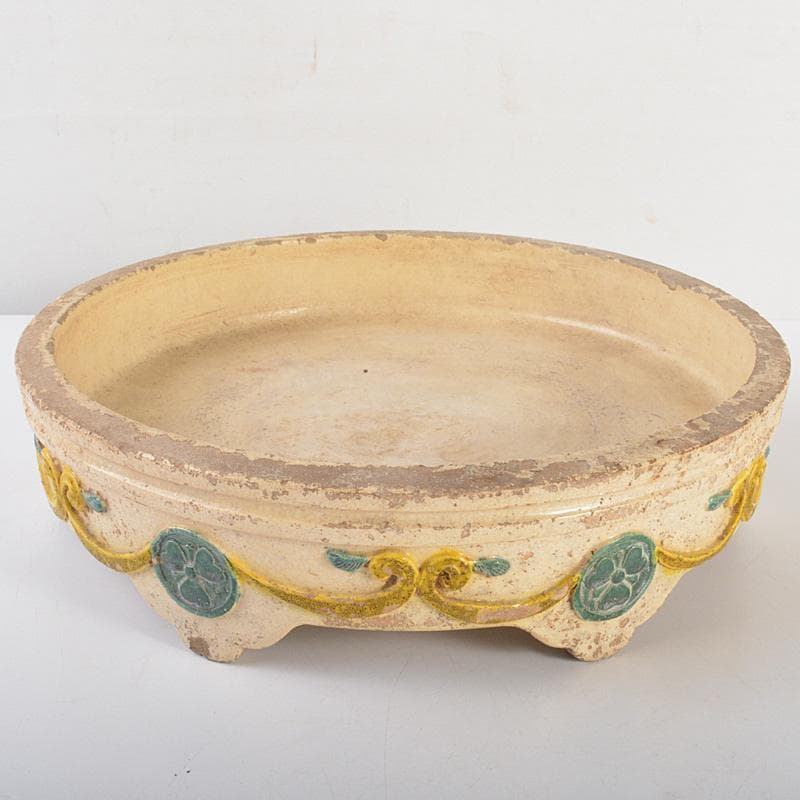 讃岐源内焼　三彩　陽刻唐草文　水盤　直径約32cm　V　R6773