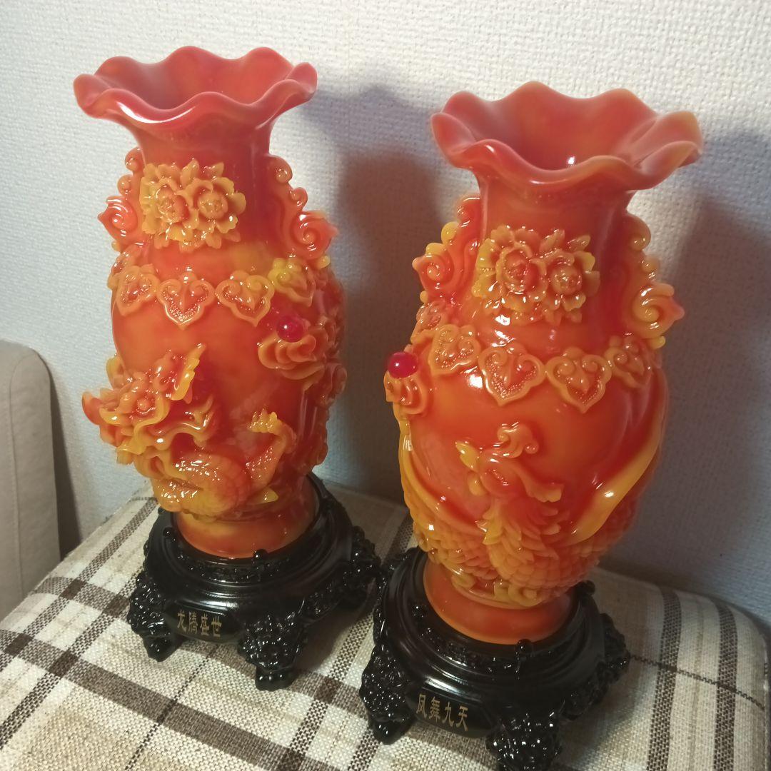 中国美術 朱色の龍の彫刻と鳳凰の彫刻 置物 風水アイテム