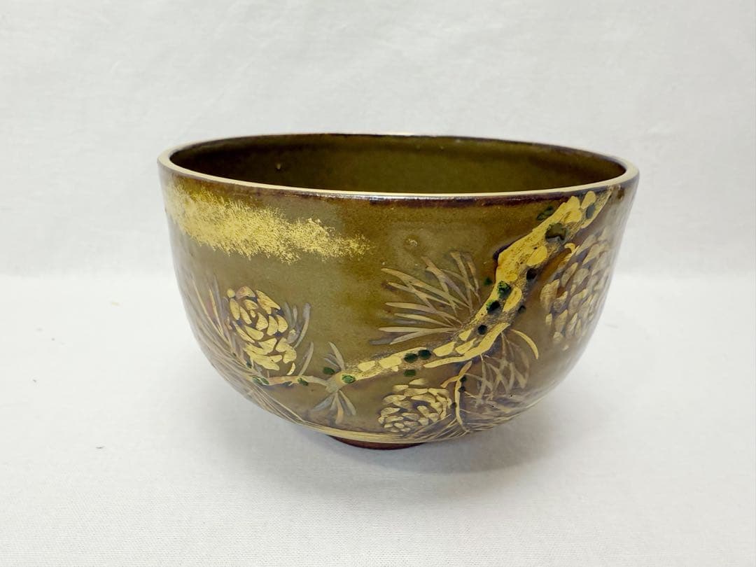 未使用 茶道具 深山造 仁清 松毬 茶碗 金縁 陶印 共布 共箱