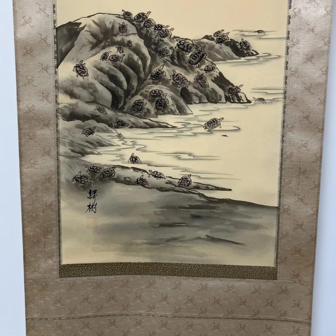 亀之図 甲斐緑樹 尺三 掛軸 落款印 桐箱
