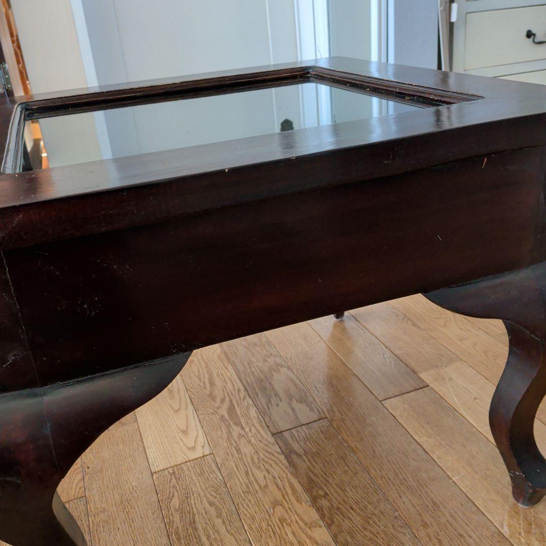 アジアン家具　サイドテーブル　収納付き　ガラス天板　ブラウン