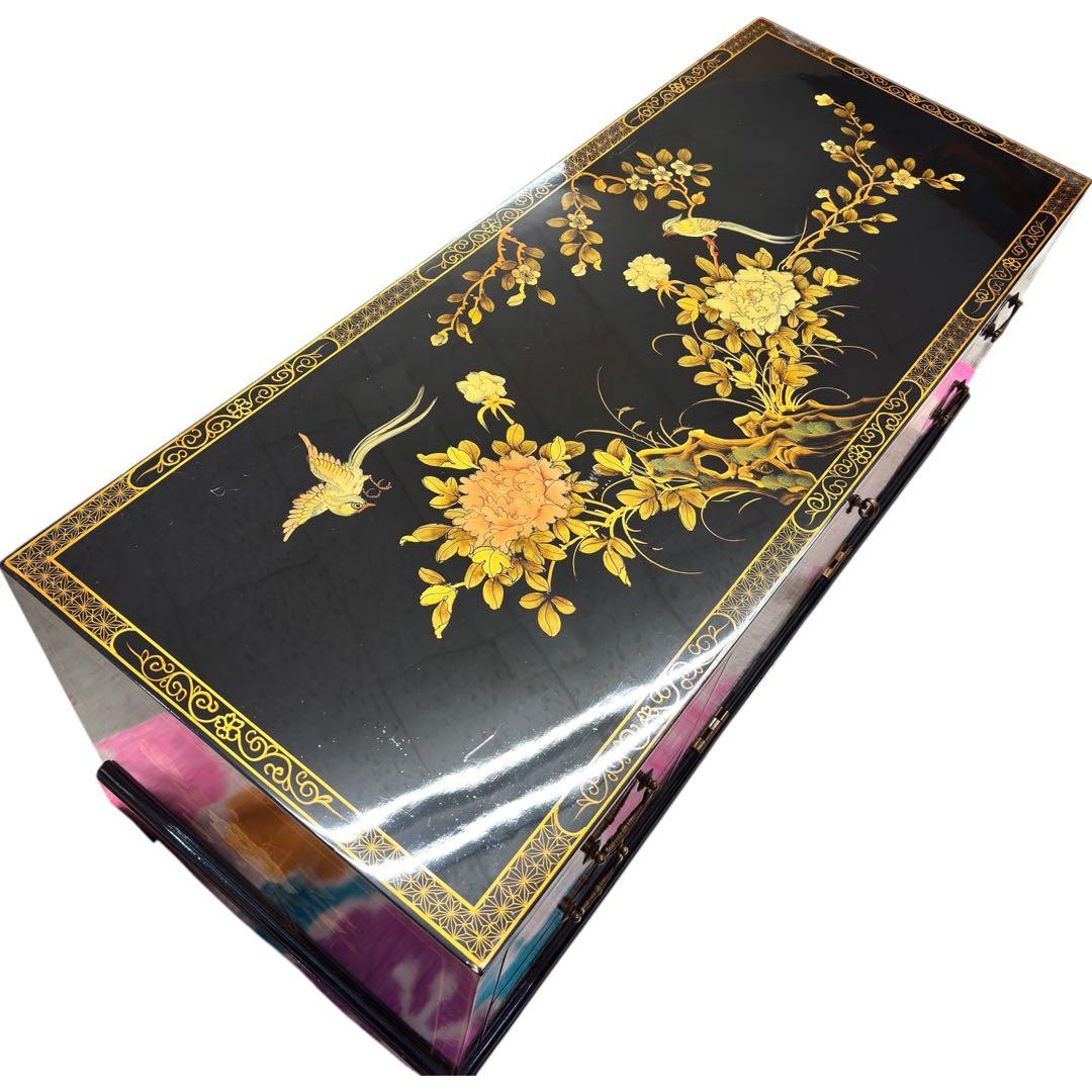 花柄装飾 箪笥 ローチェスト TV台 4段引き出し 開き扉付 螺鈿細工