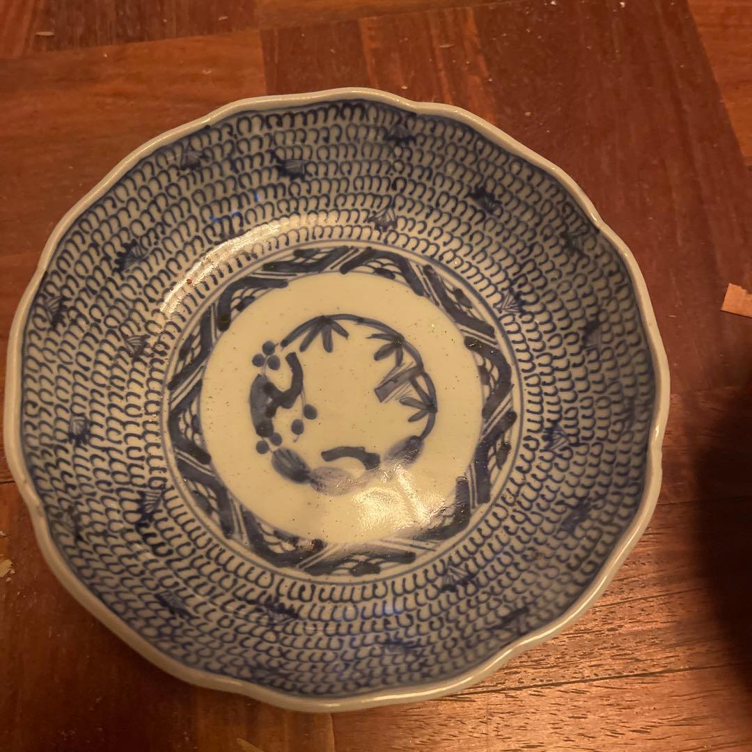 「みじん(微塵)唐草 人気の染付皿！」古伊万里なます皿 2客セット 骨董アンティ