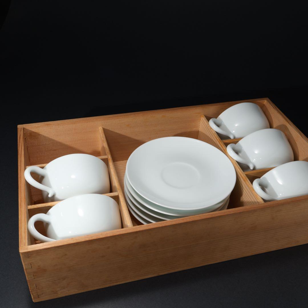 人間国宝　井上萬二　白磁紅茶碗５客　共箱　白無地　R1462ラ