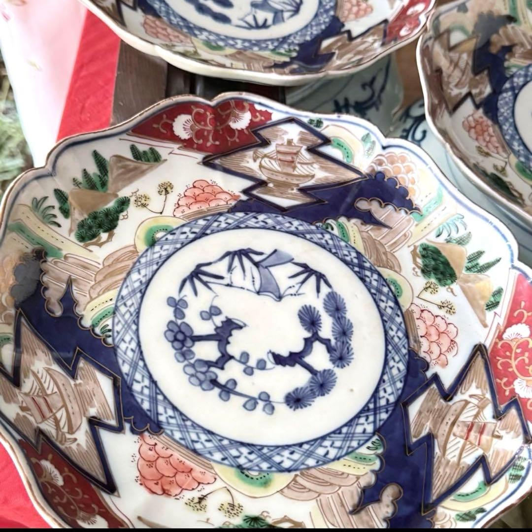 雪解特別価格‼️GOLD伊万里錦手　帆かけ舟❌山水❌米俵富貴長春八寸皿5客