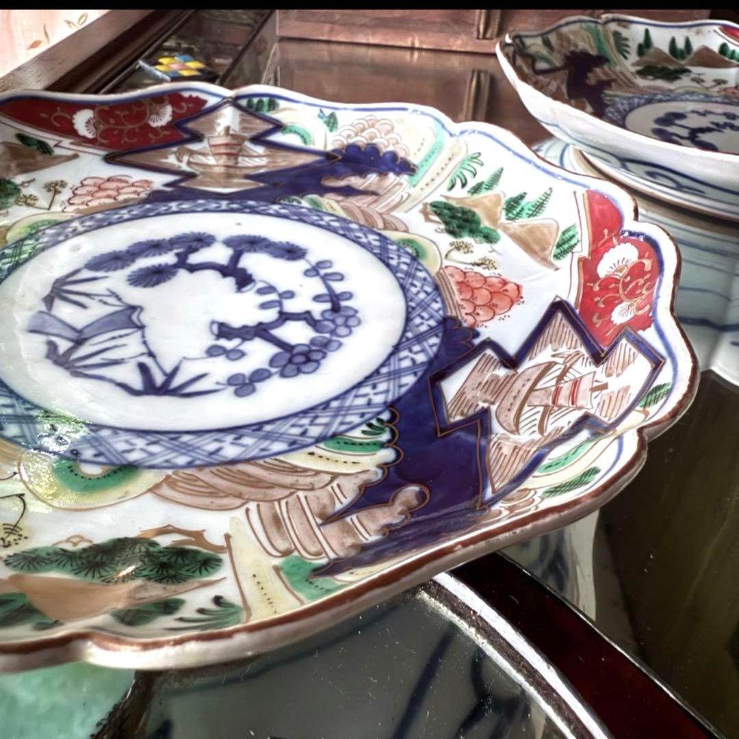 雪解特別価格‼️GOLD伊万里錦手　帆かけ舟❌山水❌米俵富貴長春八寸皿5客