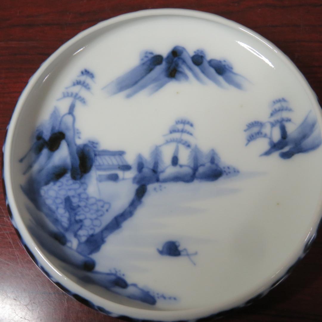 小皿 5枚 鍋島 染付 窯傷 山水文様 変わり縁