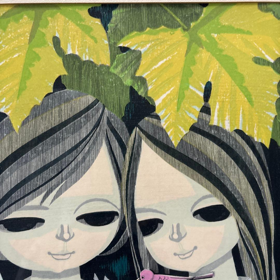 池田修三 「あかいとり」 木版画1976年制作　額入り直筆サイン　人物画希少作品