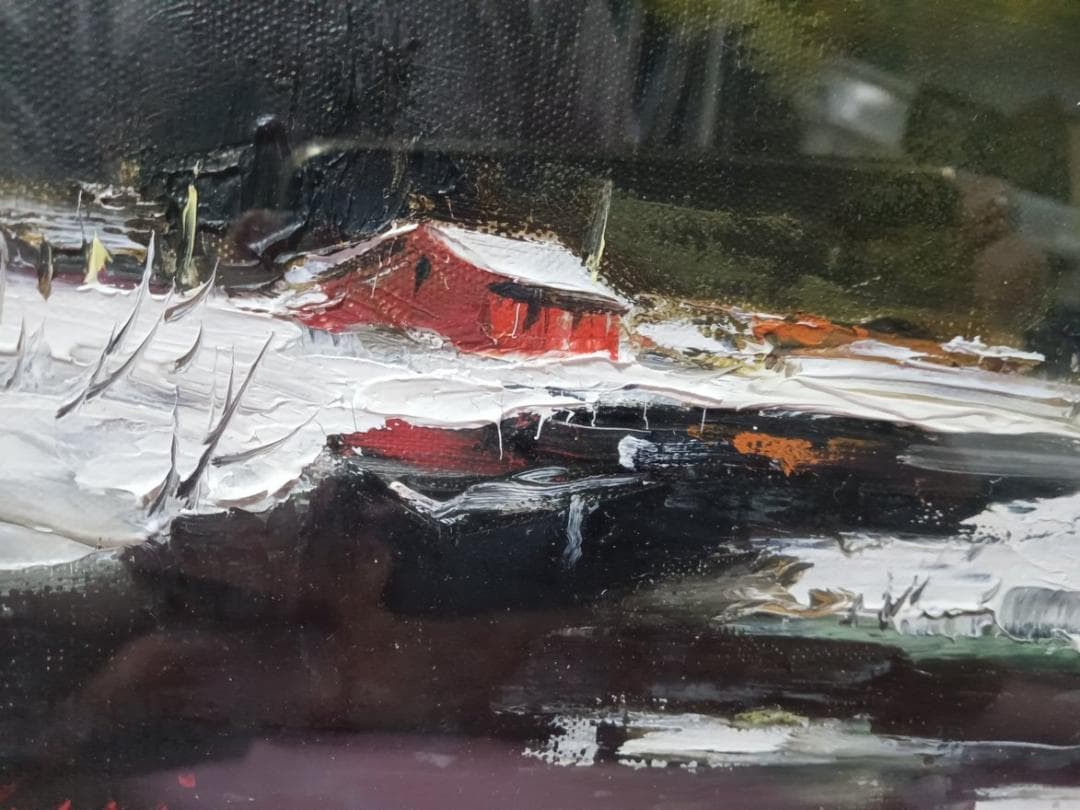 油彩画　葛西四雄作　「水辺」　額付　SM