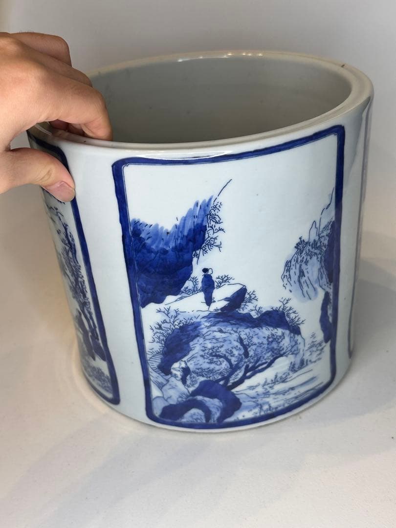 大清康熙年製底款 青花染付 建水 缸 四面開窓人物山水図 时代物 中国古美術