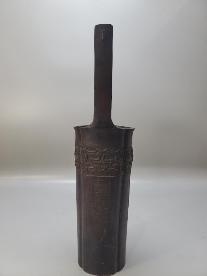 古銅 饕餮紋 手付 桶形 花器 晴眠 骨董品