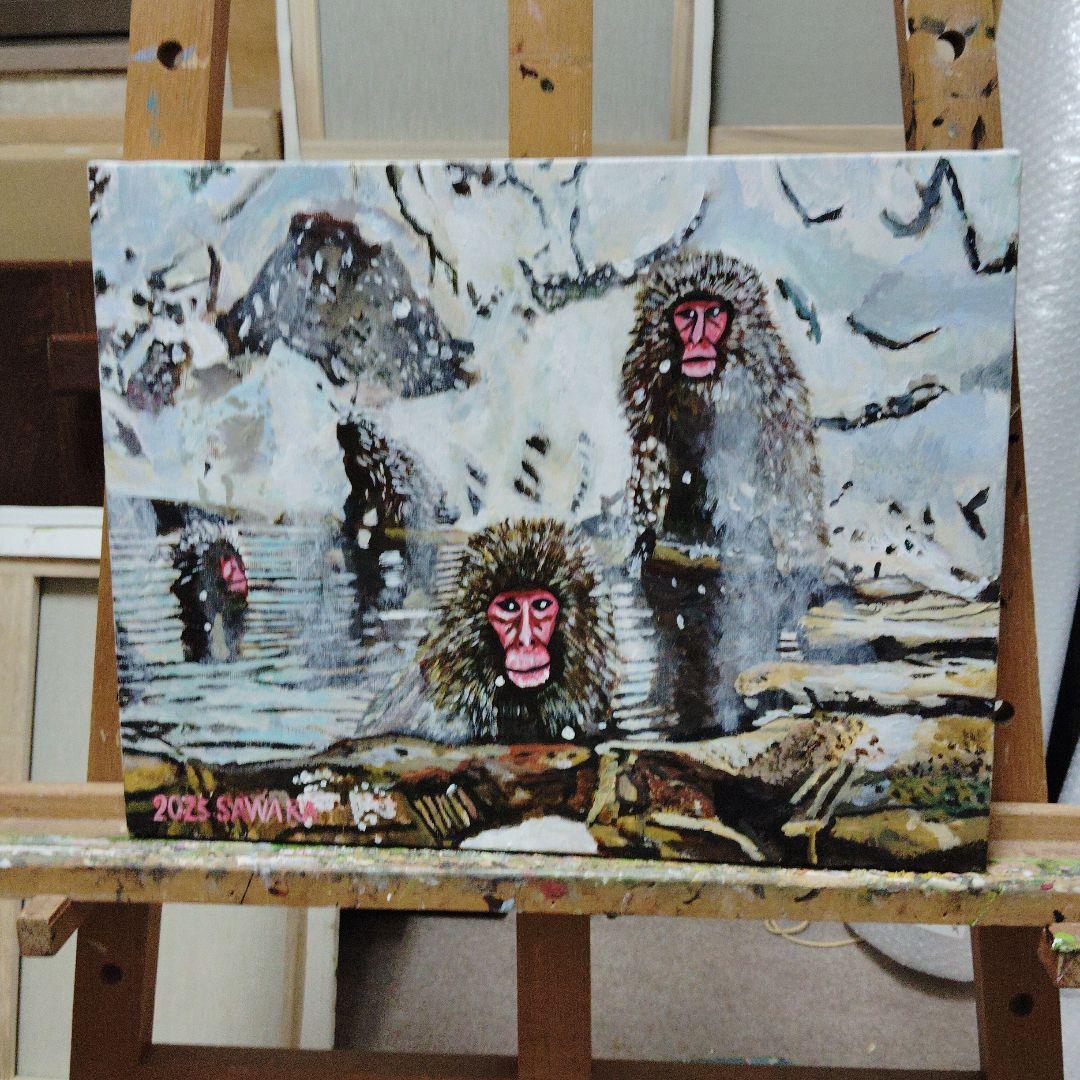絵画、雪の4匹の温泉猿、F6号アクリル画、佐原聖春