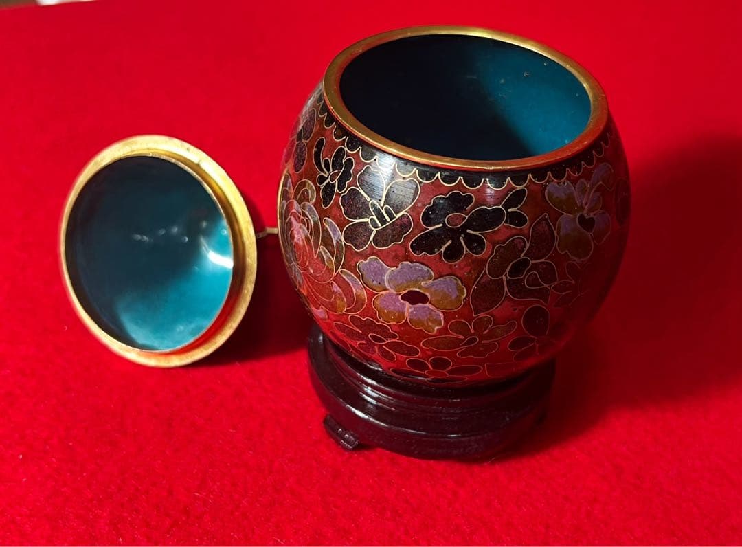 中國美術 景泰蓝 七宝焼 梨香合 香道具 台座付き