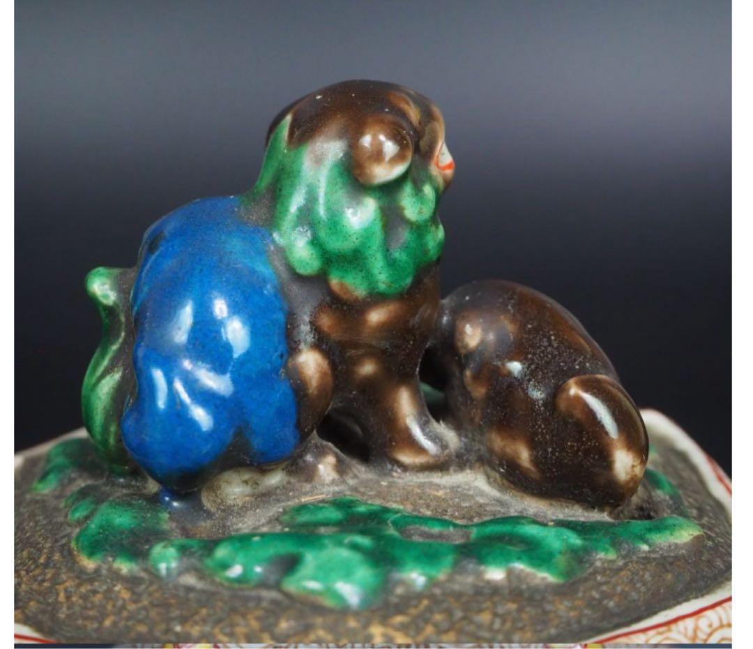 送料無料　江戸時代後期　九谷焼『角福』銘　獅子紐六角香炉　本物保証　木箱