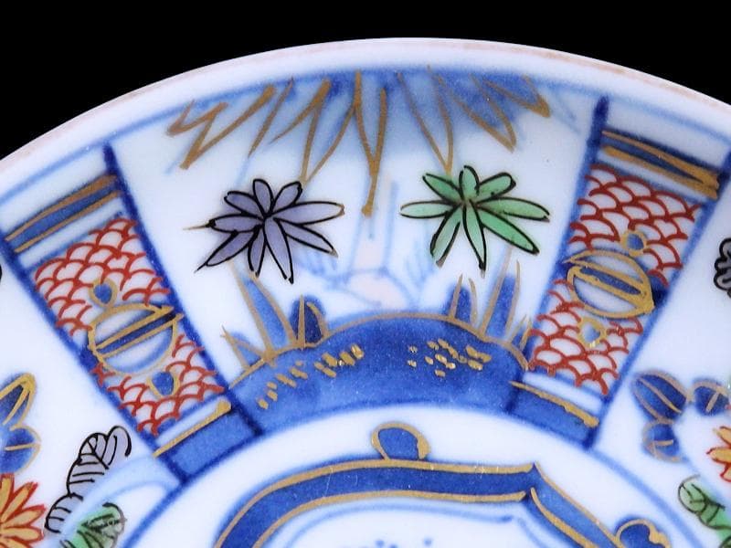 大聖寺伊万里　染錦　割絵　菊に笹の図　４寸皿　５枚　1592AS-DAc