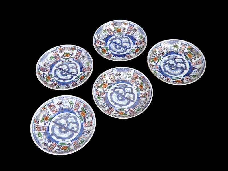 大聖寺伊万里　染錦　割絵　菊に笹の図　４寸皿　５枚　1592AS-DAc