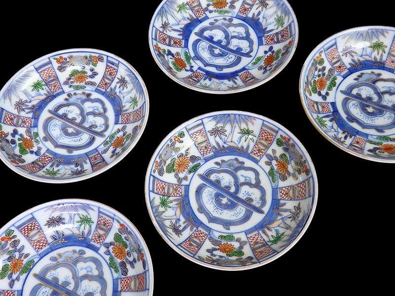 大聖寺伊万里　染錦　割絵　菊に笹の図　４寸皿　５枚　1592AS-DAc