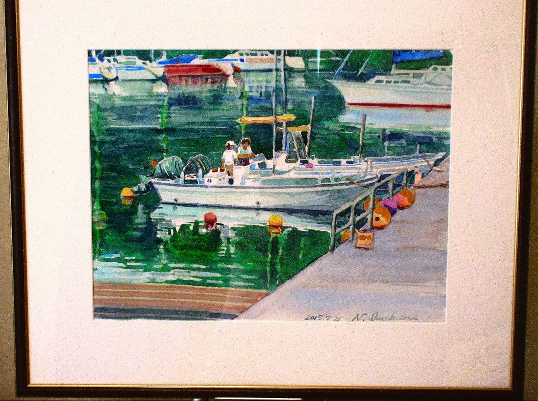 水彩画 ヨットと港の風景 N. Iwakiri 額装済み 原画 F6サイズ
