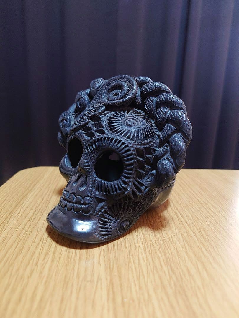 メキシコ雑貨 オアハカ製黒泥頭蓋骨 置物 希少 工芸品