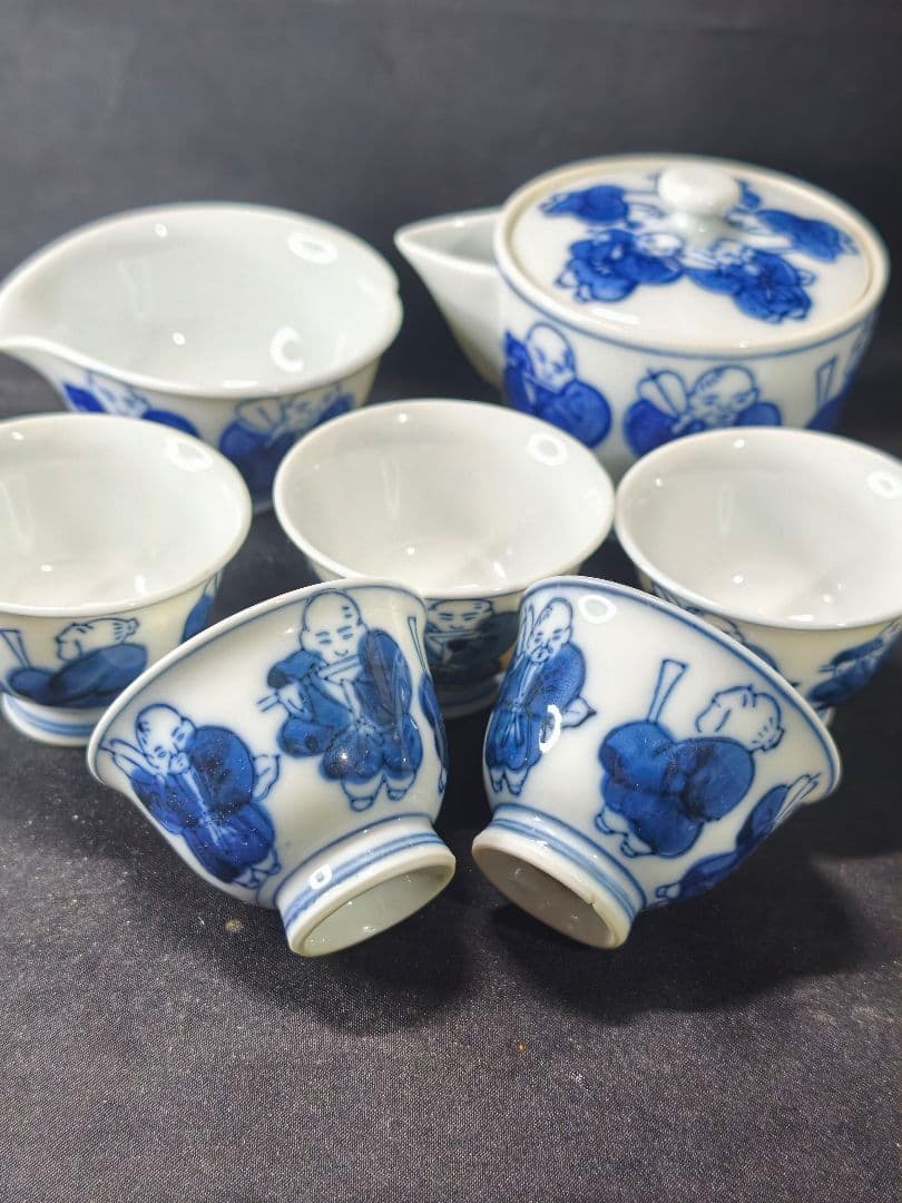 煎茶道具 染付宝瓶急須セット 京焼 手描き唐子の図 未使用美品 旧家蔵出し 骨董