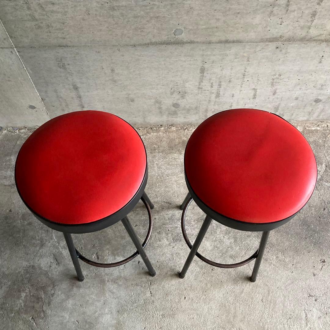 ハイスツール 丸椅子 チェア 鉄脚 アイアン 食堂 赤黒 2脚 ポップ レトロ
