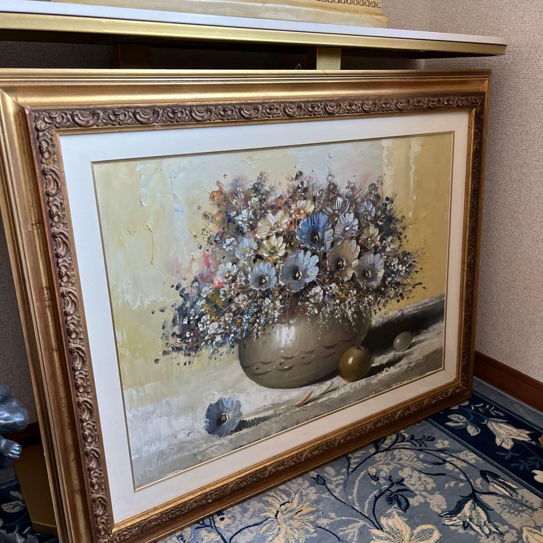 【更に値下げしました】花瓶の花 油彩画 大きめ 金色フレーム