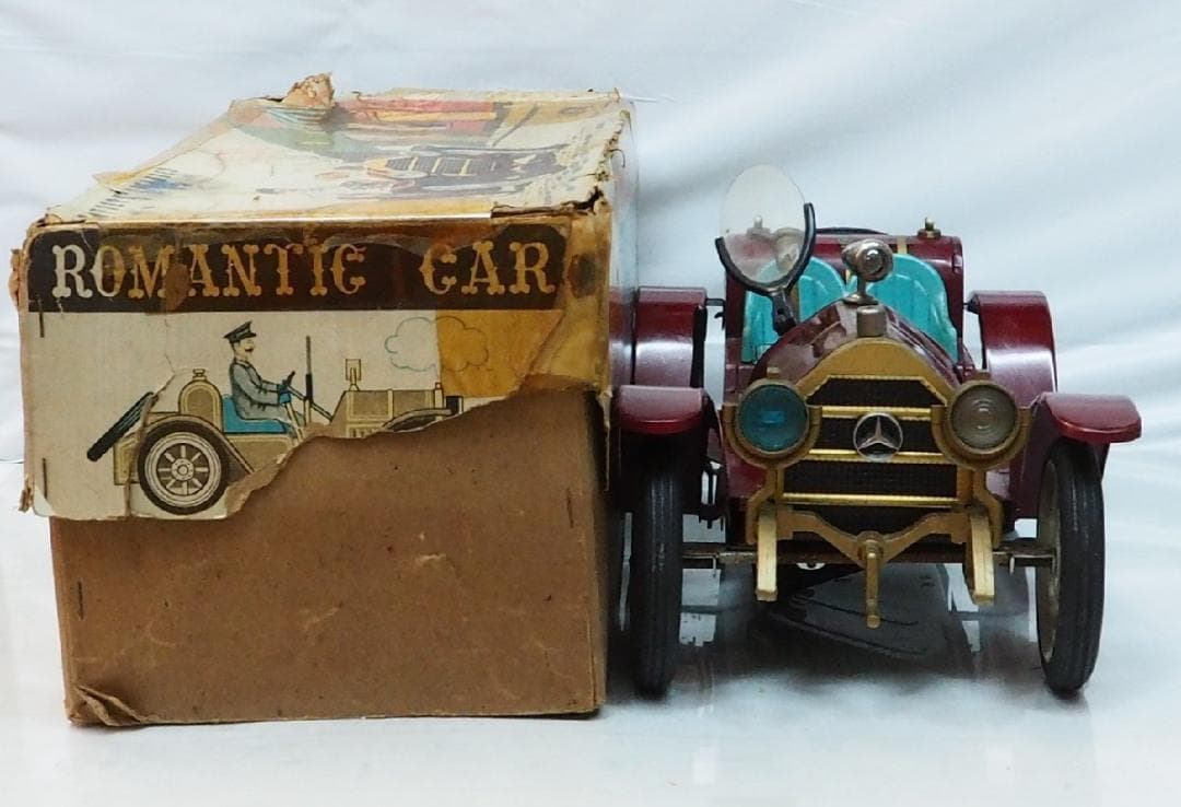 増田屋【ロマンティックカー赤ハンドル折 動作不良】tinブリキtoy car箱付