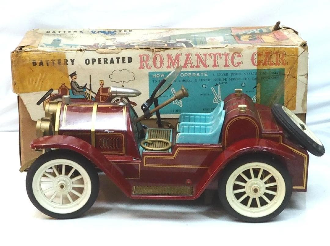 増田屋【ロマンティックカー赤ハンドル折 動作不良】tinブリキtoy car箱付