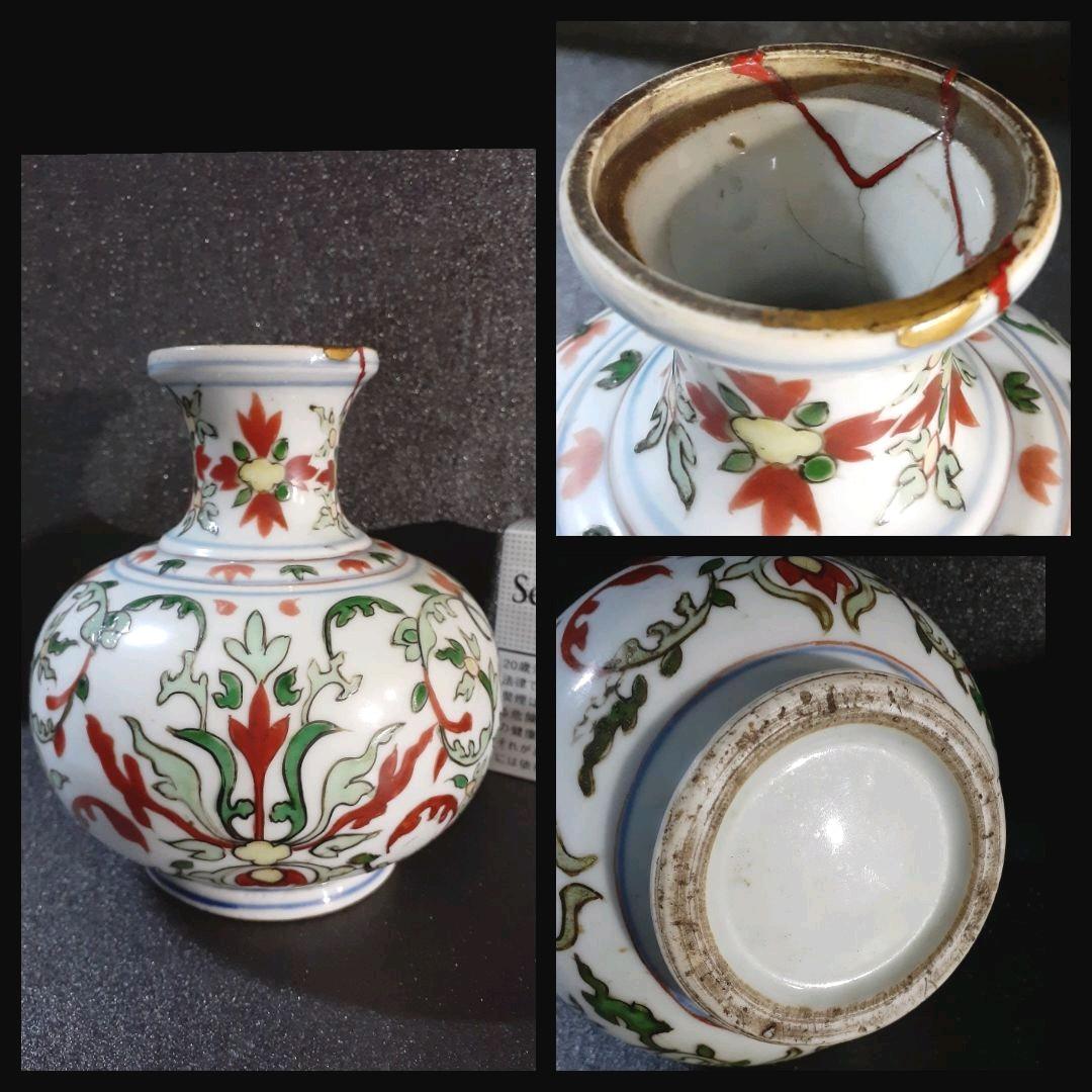 中国古美術　古玩　明朝　古赤絵　天啓赤絵　五彩　花図　瓶　花瓶　胴継ぎ有り