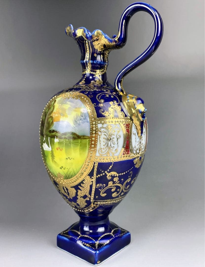 【希少】オールドニッポン ２５㎝ 瑠璃色風景紋スワン花瓶 ピッチャー 金盛り